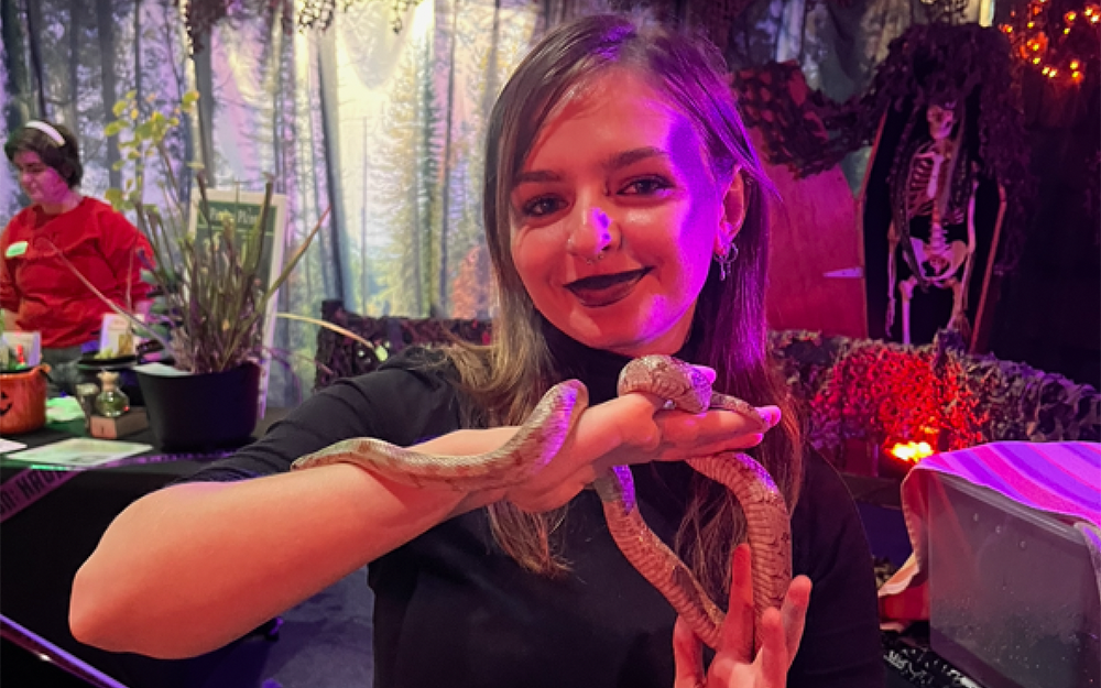 Amy Nicholson M.A. '24 holding a mole kingsnake during a "Night of the Living Museum" event.