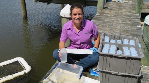 Person sitting on a dock holding a water sample bottle with containers and sampling equipment beside them.