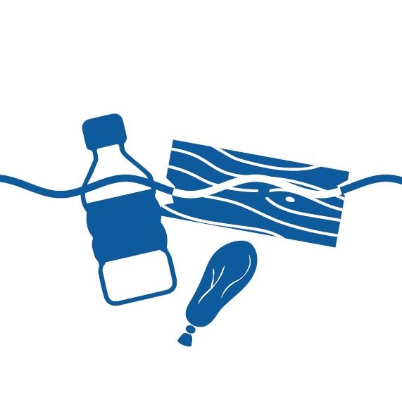 Blue icon of marine debris including a plastic bottle, bag, and balloon floating in water.