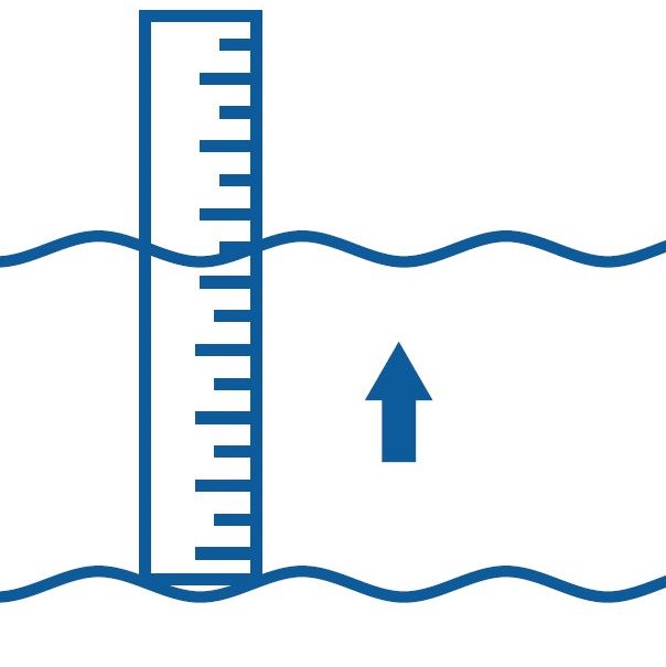 Blue icon of a ruler in water with an upward arrow indicating rising water level.