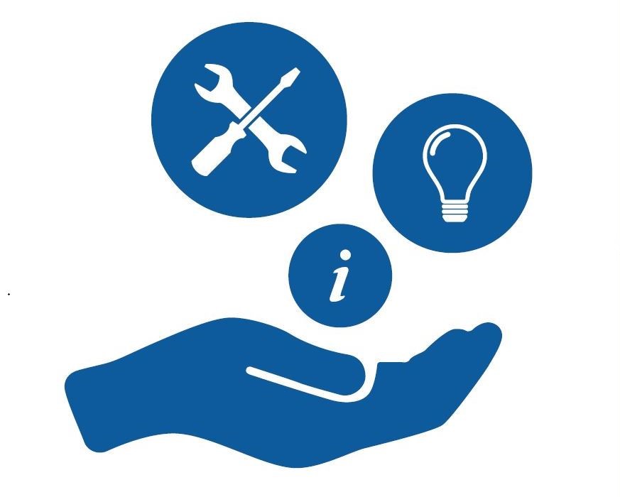 Blue icon of an open hand holding symbols for tools, a lightbulb, and information, representing support or advisory services.