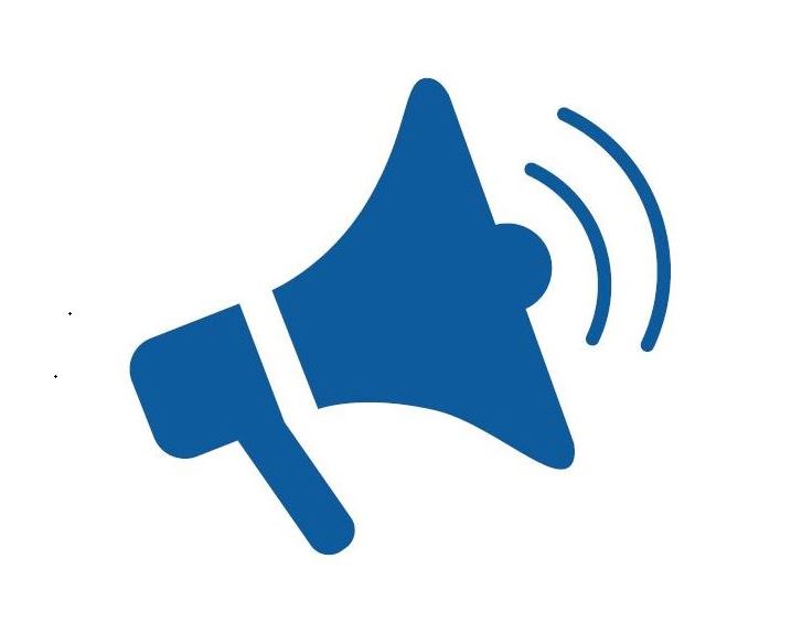 Blue megaphone icon with sound waves, representing communication or outreach.