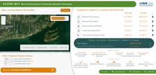 ShoreBET web interface showing a map, input panel for shoreline characteristics, and estimated ecosystem service benefits with values.