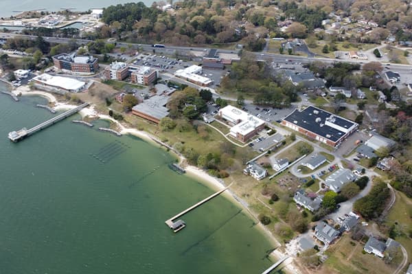 An aerial photo of the Batten School &amp; VIMS' Gloucester Point campus.