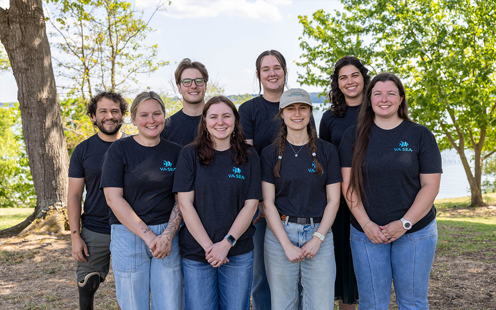 Several Batten School & VIMS graduate students presented at the Lesson Plan Expo. From left to right: Miguel Montalvo, Emily Echevarria, Liam Green, Kelly Gonzalez, Madison Sears, Robyn Dudrick, Zoe Benson and Camille Wilson. Not pictured: Shyane Masters. Photo by Bayleigh Albert, VA Sea Grant.