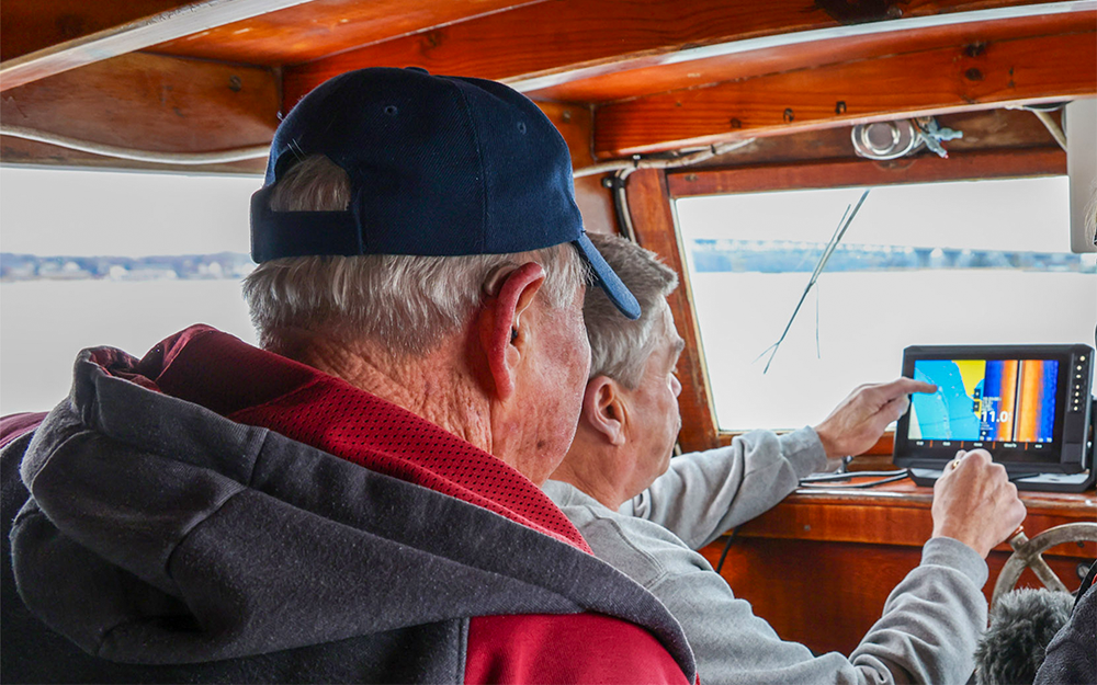 E.C. Hogg (front) and Ralph Bonniville (back) are TRAP participants who gather bathymetric data. Photo credit: John Wallace.