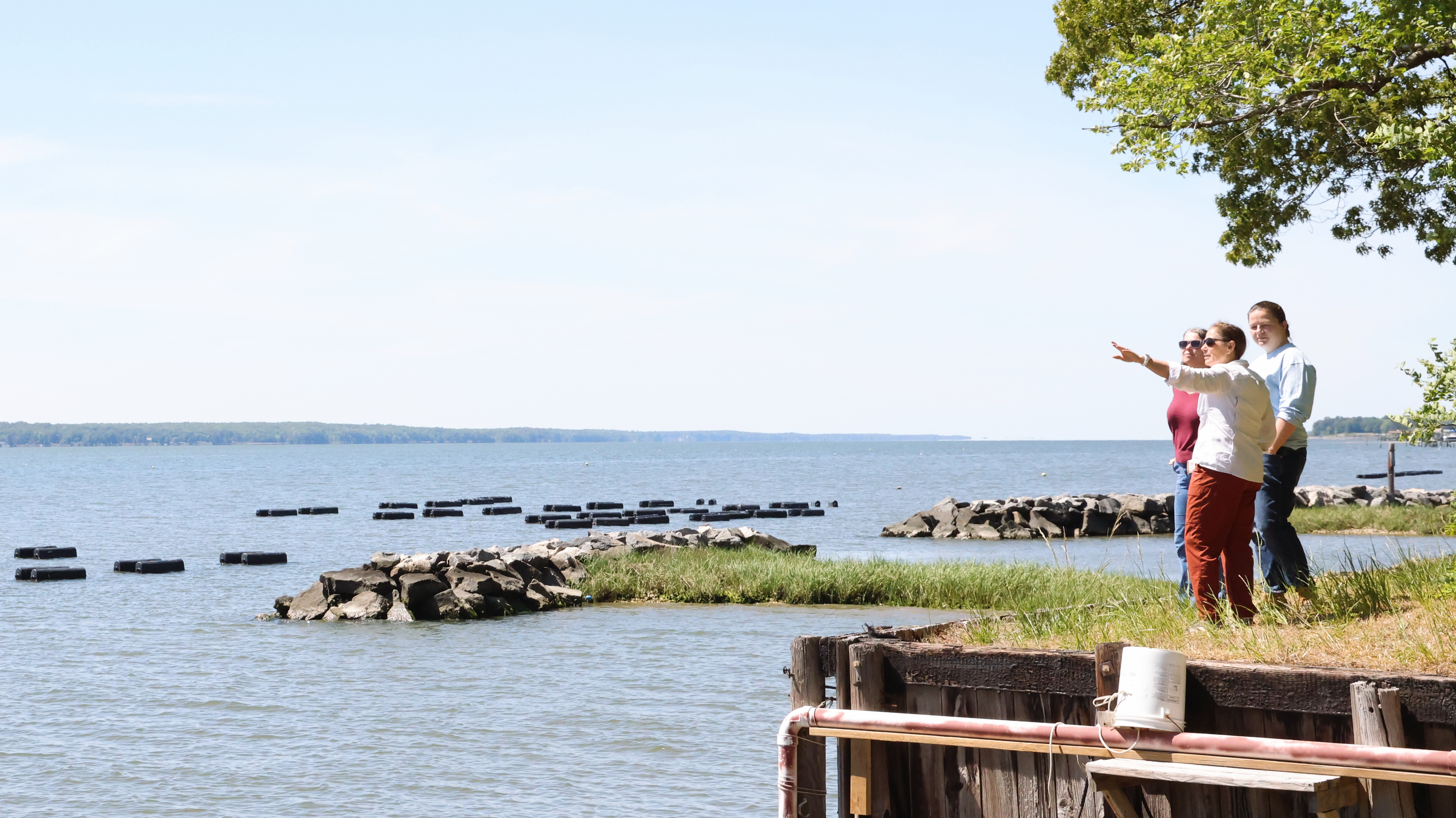 Adriane Michaelis and Emily Rivest discuss water quality challenges with Marcia Berman, co-owner of Cappahosic Oyster Company. Photo by Patrick McGettigan.