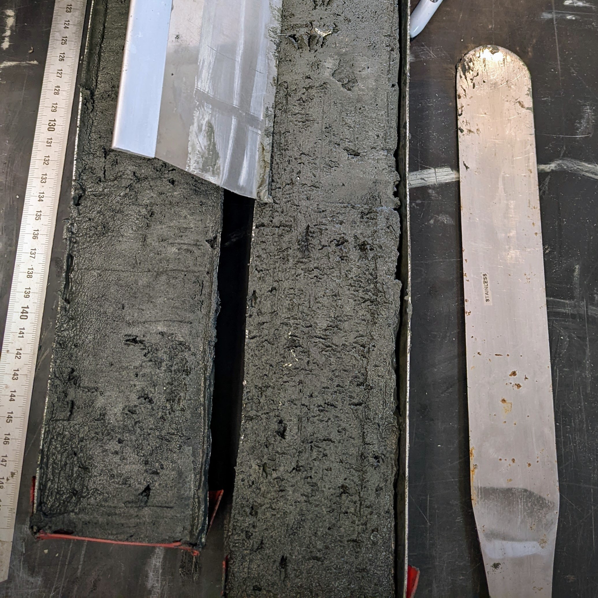Freshly split sediment core halves, placed side by side on lab table
