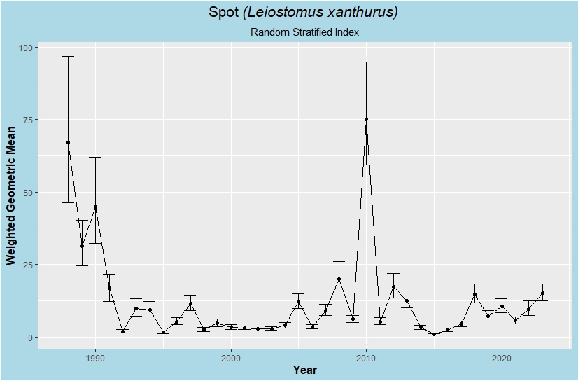 Spot young-of-year index of abundance figure. The graph shows Spot young-of-year annual indices of abundance from all sampling stations from 1988 to 2023.