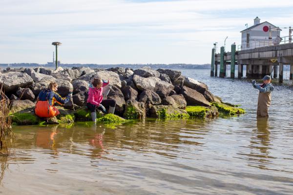 three pathology employees taking samples in the York River